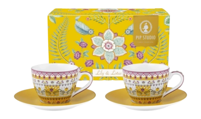 Pip Studio Lily & Lotus Espressokop Yellow Home met schotels (Set van 2)
