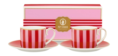 Pip Studio Love Birds Stripes Espressokop Red-Pink Home Espresso Cups & Saucers (Set van 2)