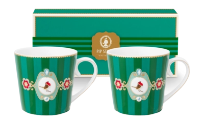 Pip Studio Love Birds Medallion Stripes Mok Emerald-Green Home Mugs Large (Set van 2)